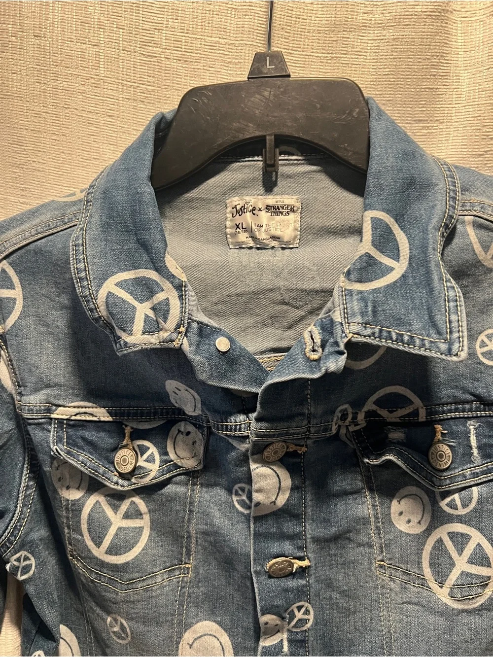 Justice Blue Denim Jacket with White Peace & Smiley Prints X-SIZE LARGE 14-16